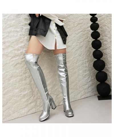 Women Platform and Chunky Heel Over the Knee Zipper Boots with Round Toe Silver $33.79 Boots