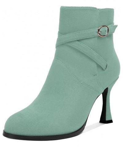 Womens Round Toe Fashion Solid Office Suede Ankle Strap Buckle Spool High Heel Ankle High Boots 3.3 Inch Turquoise $42.49 Boots