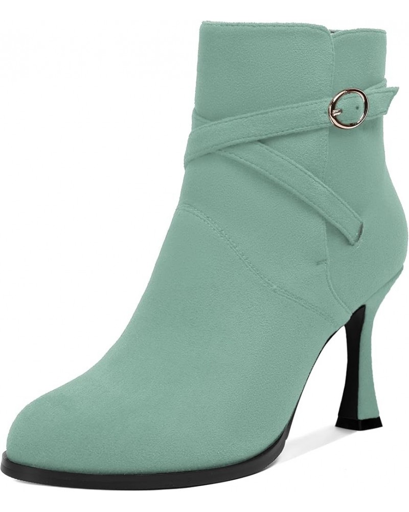 Womens Round Toe Fashion Solid Office Suede Ankle Strap Buckle Spool High Heel Ankle High Boots 3.3 Inch Turquoise $42.49 Boots