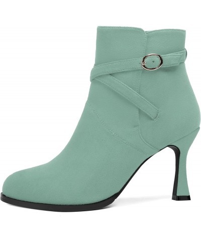 Womens Round Toe Fashion Solid Office Suede Ankle Strap Buckle Spool High Heel Ankle High Boots 3.3 Inch Turquoise $42.49 Boots