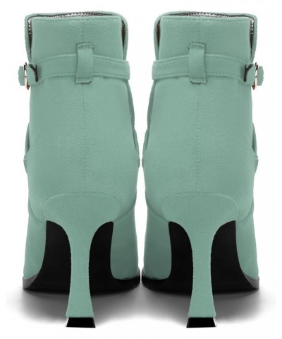 Womens Round Toe Fashion Solid Office Suede Ankle Strap Buckle Spool High Heel Ankle High Boots 3.3 Inch Turquoise $42.49 Boots