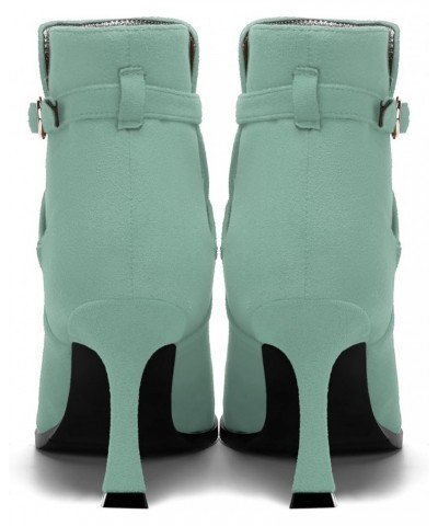 Womens Round Toe Fashion Solid Office Suede Ankle Strap Buckle Spool High Heel Ankle High Boots 3.3 Inch Turquoise $42.49 Boots