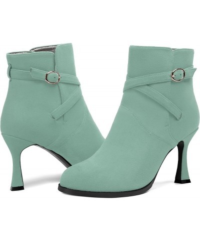 Womens Round Toe Fashion Solid Office Suede Ankle Strap Buckle Spool High Heel Ankle High Boots 3.3 Inch Turquoise $42.49 Boots