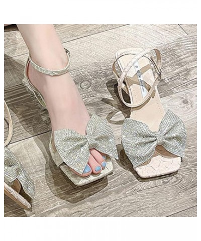 Woman's Square Open Toe Stiletto Heeled Sandal Fashion Rhinestone Bow High Heeled for Summer Dress Wedding Pink $26.65 Sandals