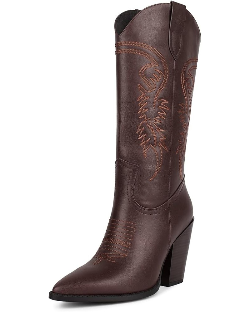 Cowgirl Boots for Women, Embroidered Pointed Toe Chunky Heel Western Boots Matte Brown $33.79 Boots