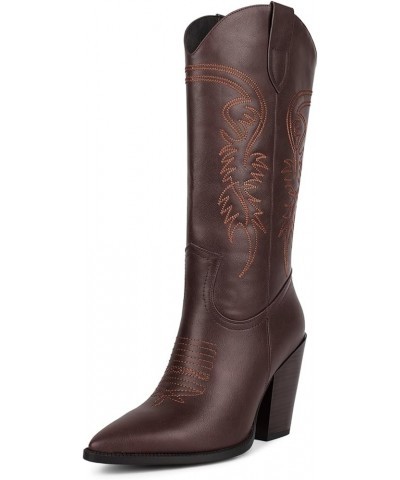 Cowgirl Boots for Women, Embroidered Pointed Toe Chunky Heel Western Boots Matte Brown $33.79 Boots