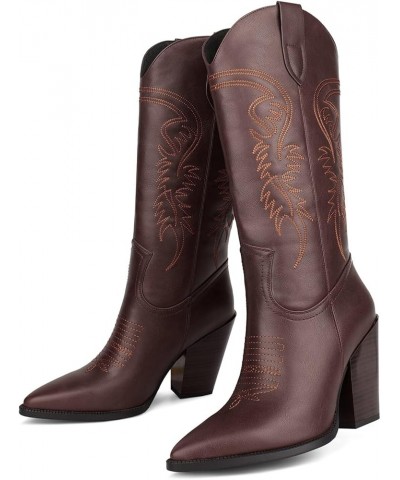 Cowgirl Boots for Women, Embroidered Pointed Toe Chunky Heel Western Boots Matte Brown $33.79 Boots