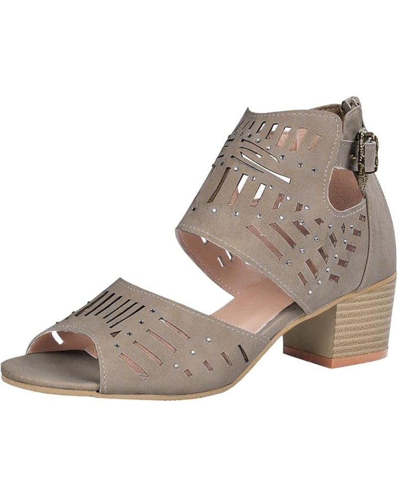 Women's Cutout Spring Sandals with Heels Trendy Casual Dressy Block Heel Sexy Summer Plus Size 2024 Peep Toe Cutes Khaki $16....