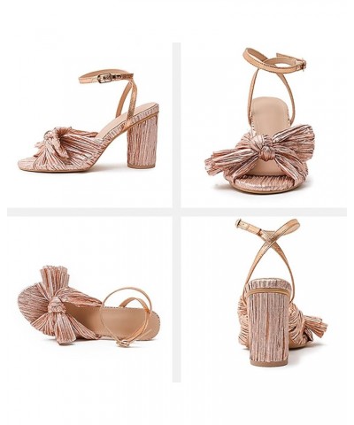 Womens Sandals Flat Summer Women Elegant Pleated Bow Bridal Sandals Block High Heel for Women Ankle Strap Heeled Sandals Hot ...