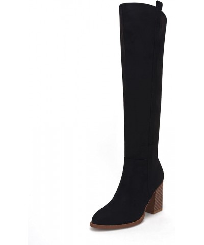 Womens Faux Suede Knee High Side Zipper Chunky Heel Stretch Winter Boots Black $33.54 Boots