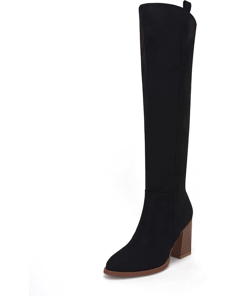 Womens Faux Suede Knee High Side Zipper Chunky Heel Stretch Winter Boots Black $33.54 Boots