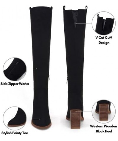 Womens Faux Suede Knee High Side Zipper Chunky Heel Stretch Winter Boots Black $33.54 Boots