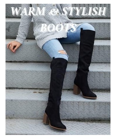 Womens Faux Suede Knee High Side Zipper Chunky Heel Stretch Winter Boots Black $33.54 Boots