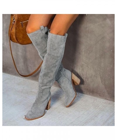 Cowboy Boots for Women,Women's Knee High Boots Retro Slip On Chunky Heel Wide Calf Fashion Winter Thigh High Boots Grey $27.2...