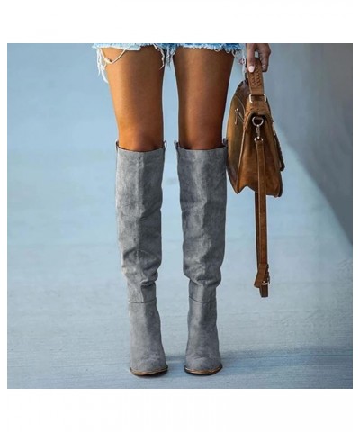 Cowboy Boots for Women,Women's Knee High Boots Retro Slip On Chunky Heel Wide Calf Fashion Winter Thigh High Boots Grey $27.2...