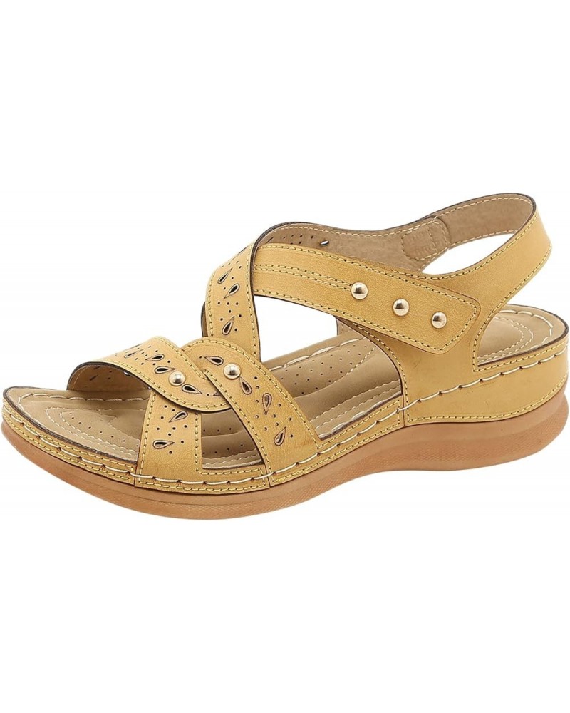 Women Vintage Leather Crisscross Bands Wedge Sandals Summer Non Slip Hollow Back Beach Sandals Solid Color Slip 8 Yellow $16....