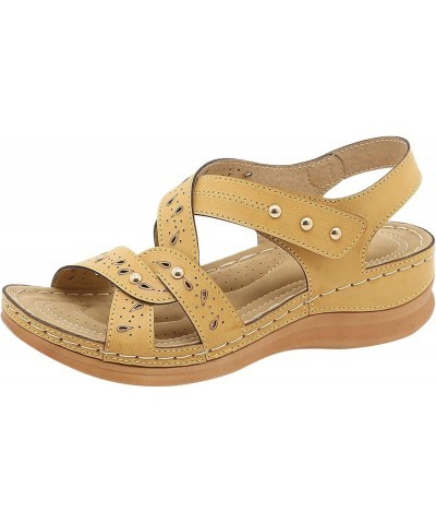 Women Vintage Leather Crisscross Bands Wedge Sandals Summer Non Slip Hollow Back Beach Sandals Solid Color Slip 8 Yellow $16....