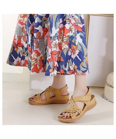 Women Vintage Leather Crisscross Bands Wedge Sandals Summer Non Slip Hollow Back Beach Sandals Solid Color Slip 8 Yellow $16....