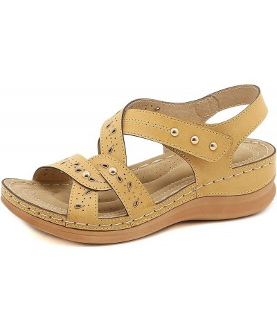 Women Vintage Leather Crisscross Bands Wedge Sandals Summer Non Slip Hollow Back Beach Sandals Solid Color Slip 8 Yellow $16....