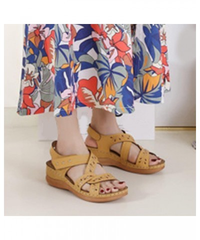 Women Vintage Leather Crisscross Bands Wedge Sandals Summer Non Slip Hollow Back Beach Sandals Solid Color Slip 8 Yellow $16....