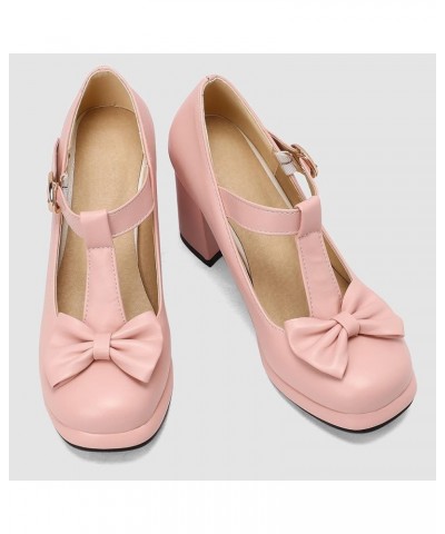 Women's T Strap Platform Block Heel Mary Janes Retro Rockabilly Cosplay Shoes Cute Bow High Chunky Heels Pumps Pink $20.24 Pumps