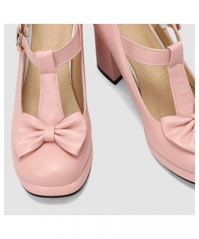 Women's T Strap Platform Block Heel Mary Janes Retro Rockabilly Cosplay Shoes Cute Bow High Chunky Heels Pumps Pink $20.24 Pumps