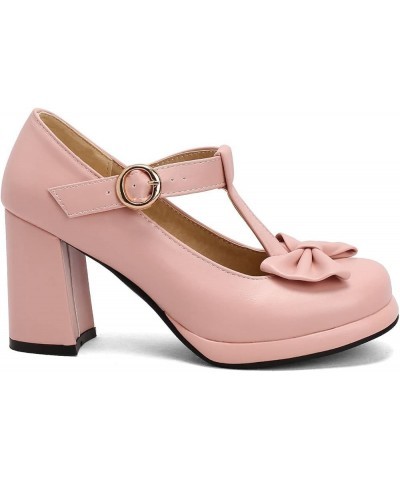 Women's T Strap Platform Block Heel Mary Janes Retro Rockabilly Cosplay Shoes Cute Bow High Chunky Heels Pumps Pink $20.24 Pumps