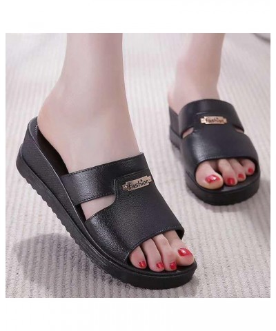 Arch Support Sandals for Women Fashion Elegant Solid Leather Slip on Wedge Slippers Casual Non Slip Open Toe Slipper (Black, ...