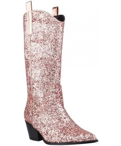 Women's Glitter Knee-High Cowboy Boots Low Heel Pointed Toe Wide Calf Knee-High Boots Rose Gold $41.75 Boots