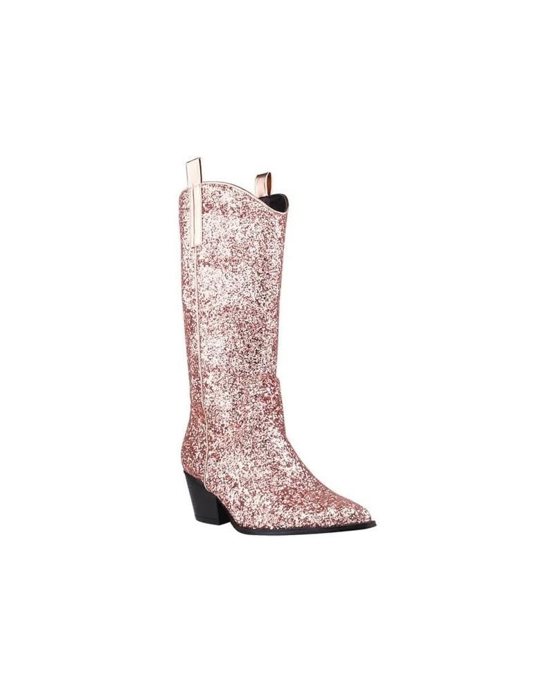 Women's Glitter Knee-High Cowboy Boots Low Heel Pointed Toe Wide Calf Knee-High Boots Rose Gold $41.75 Boots