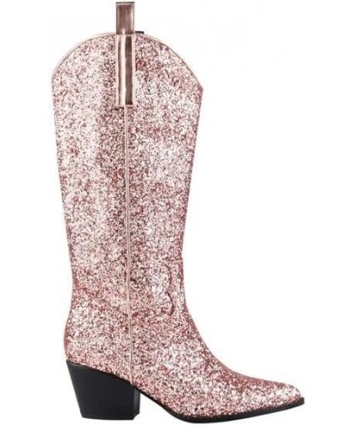 Women's Glitter Knee-High Cowboy Boots Low Heel Pointed Toe Wide Calf Knee-High Boots Rose Gold $41.75 Boots