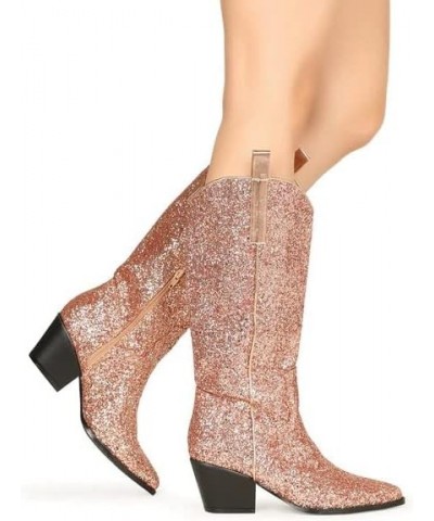 Women's Glitter Knee-High Cowboy Boots Low Heel Pointed Toe Wide Calf Knee-High Boots Rose Gold $41.75 Boots