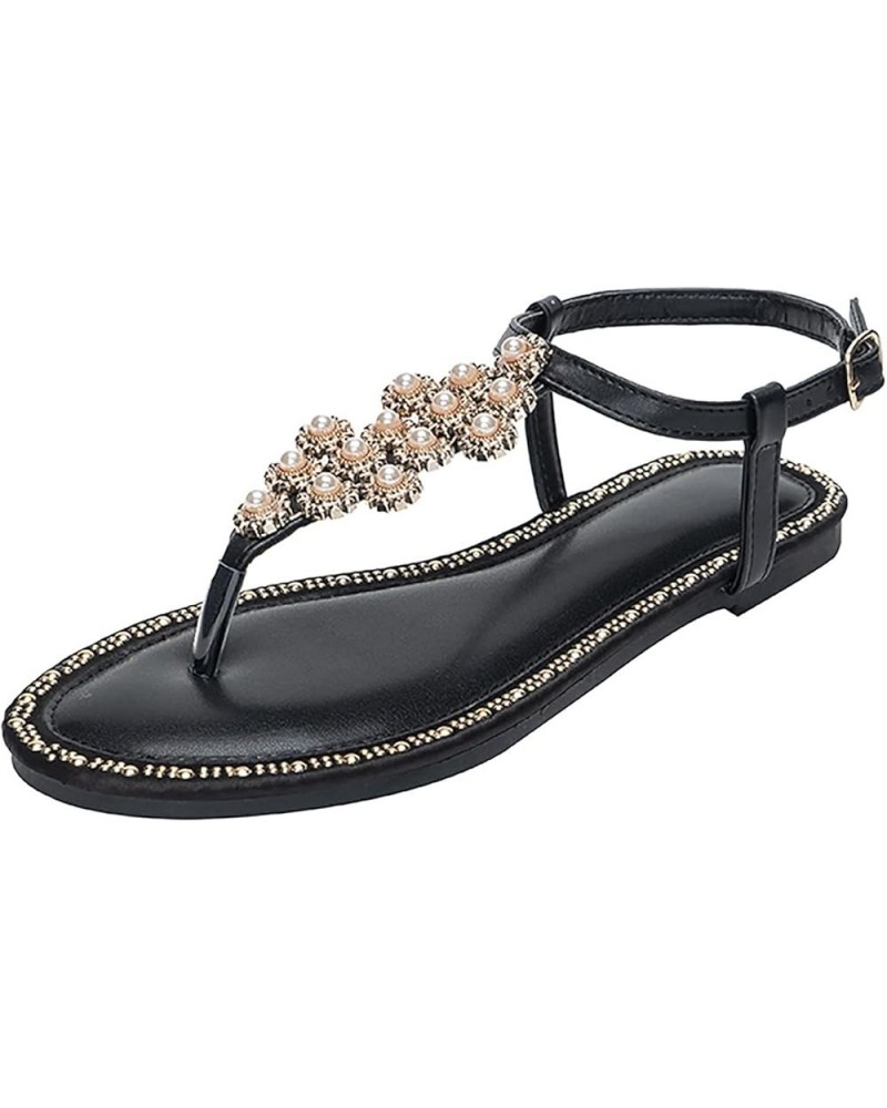 Women's Flats Rhinestone Round Toe Sandals Buckle Strap Sandals daily sandals for women open toe sandal Z 14-black $12.89 Out...