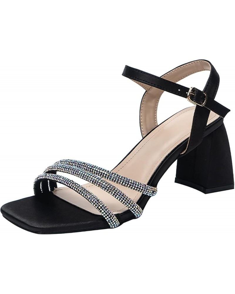 Women Buckle Chunky Heel Sandals Casual Bling Rhinestone Square Toe Sandals Open Sandals with Closed Black $27.43 Sandals