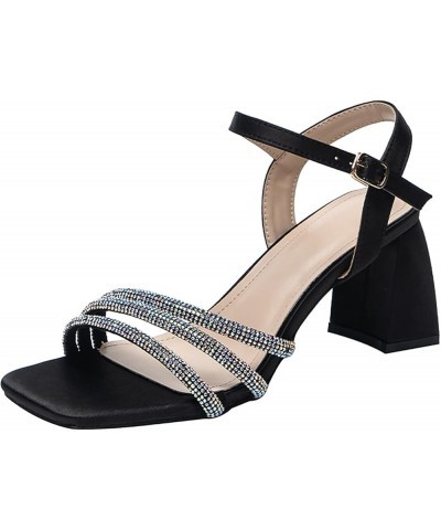 Women Buckle Chunky Heel Sandals Casual Bling Rhinestone Square Toe Sandals Open Sandals with Closed Black $27.43 Sandals