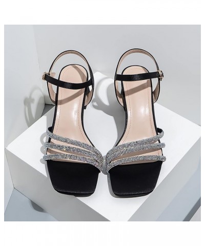 Women Buckle Chunky Heel Sandals Casual Bling Rhinestone Square Toe Sandals Open Sandals with Closed Black $27.43 Sandals