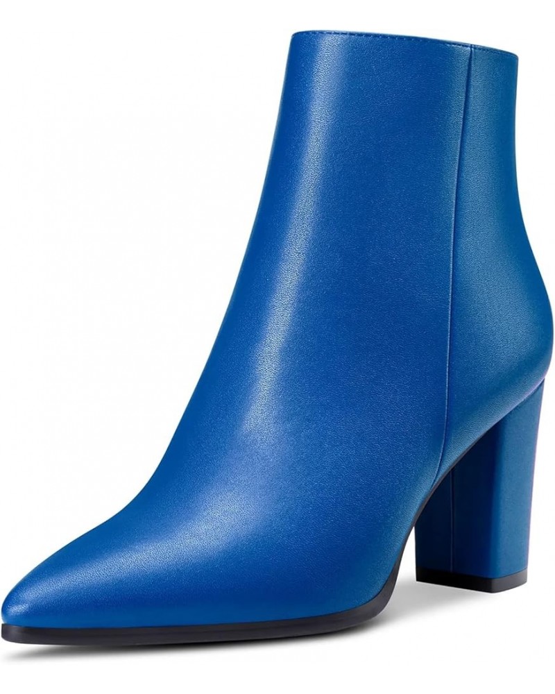 Women Chunky Block High Heel Pointed Toe Zipper Ankle Boots Short Bootie Wedding Office 3.3 Inches Heels Royal Blue $37.31 Boots