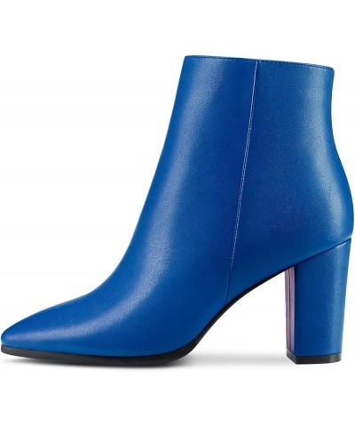 Women Chunky Block High Heel Pointed Toe Zipper Ankle Boots Short Bootie Wedding Office 3.3 Inches Heels Royal Blue $37.31 Boots