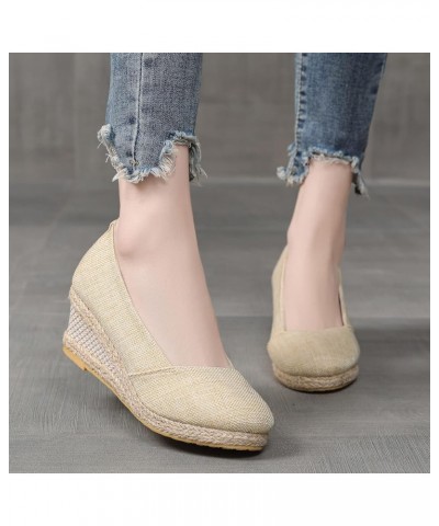 Fashion Women Summer Weave Wedges Breathable Slip On Round Toe Sandals Comfortable Beach Thong Sandals Beige $15.30 Outdoor S...