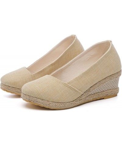 Fashion Women Summer Weave Wedges Breathable Slip On Round Toe Sandals Comfortable Beach Thong Sandals Beige $15.30 Outdoor S...