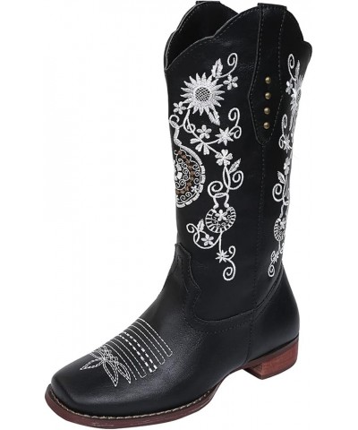 Cowboy Boots For Women Mid Calf Cowgirl Western Boots Sunflower Embroidery Pull-On Chunky Heel Fashion Tall Boot Black $25.80...