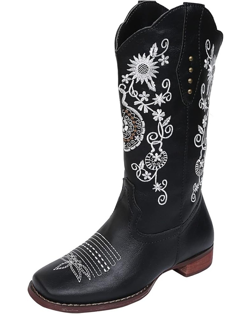 Cowboy Boots For Women Mid Calf Cowgirl Western Boots Sunflower Embroidery Pull-On Chunky Heel Fashion Tall Boot Black $25.80...