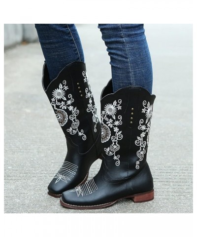 Cowboy Boots For Women Mid Calf Cowgirl Western Boots Sunflower Embroidery Pull-On Chunky Heel Fashion Tall Boot Black $25.80...