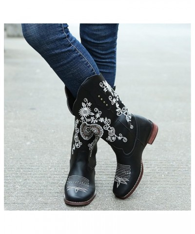 Cowboy Boots For Women Mid Calf Cowgirl Western Boots Sunflower Embroidery Pull-On Chunky Heel Fashion Tall Boot Black $25.80...