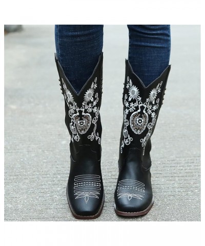 Cowboy Boots For Women Mid Calf Cowgirl Western Boots Sunflower Embroidery Pull-On Chunky Heel Fashion Tall Boot Black $25.80...