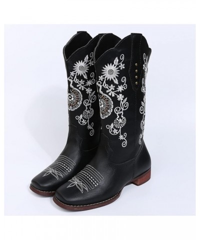 Cowboy Boots For Women Mid Calf Cowgirl Western Boots Sunflower Embroidery Pull-On Chunky Heel Fashion Tall Boot Black $25.80...