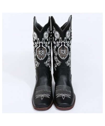 Cowboy Boots For Women Mid Calf Cowgirl Western Boots Sunflower Embroidery Pull-On Chunky Heel Fashion Tall Boot Black $25.80...