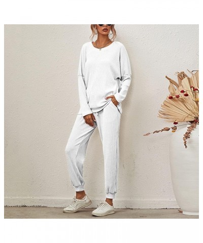 Coat Pant Suit Women Stripes Loose Loungewear Pajamas Long Sleeved Casual Wear Suit Pants White- Pants for Women 2024 $15.06 ...