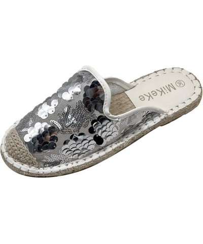 Breathable Open Toe Sandals for Women Summer Women's Flat Bottom Fashion Casual Large Sequin Roman Sandals Silver $19.70 Sandals