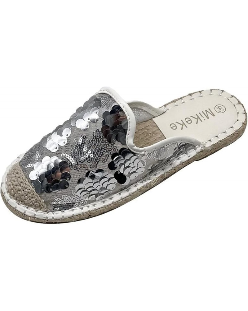 Breathable Open Toe Sandals for Women Summer Women's Flat Bottom Fashion Casual Large Sequin Roman Sandals Silver $19.70 Sandals